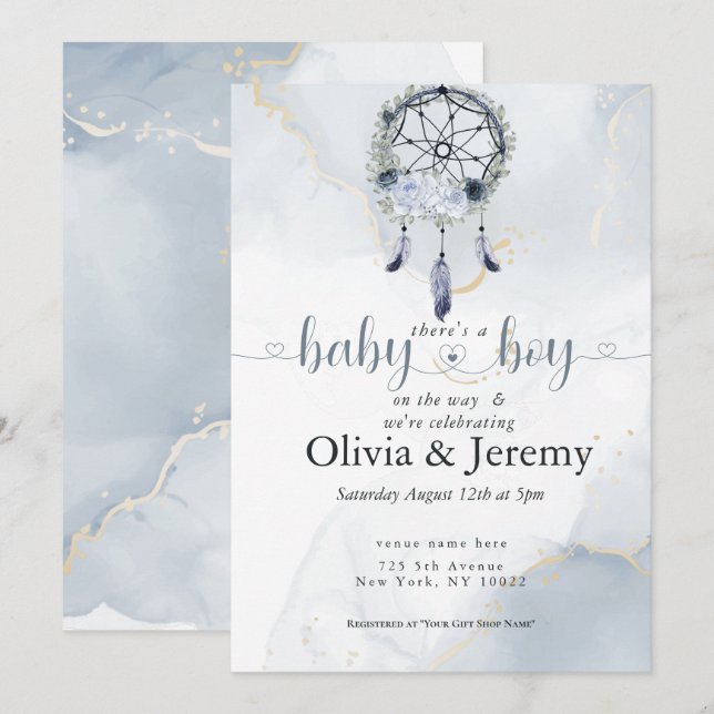Invitación BOHO Baby Boy Dusty Blue Dreamcatcher (Anverso / Reverso)