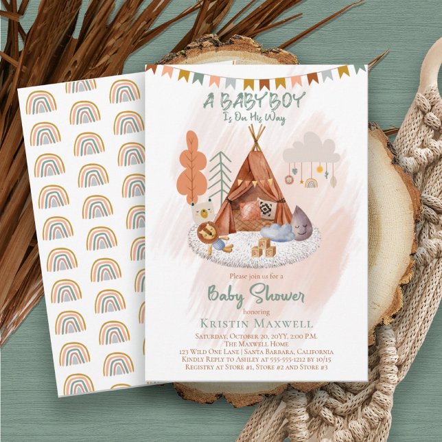 Invitación Boho Baby Boy Teepee y Toys Baby Shower (Subido por el creador)
