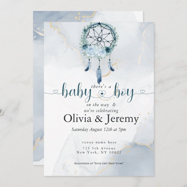 Invitación BOHO Baby BoyTeal y Dusty Blue Dreamcatcher (Anverso / Reverso)