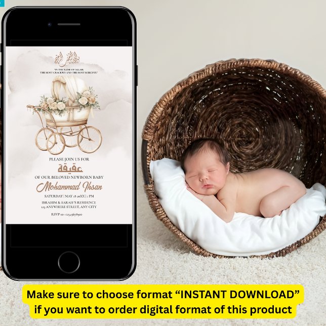 Invitación Boho Baby Carrie Aqiqah Unisex Musulmán Recién Nac (Subido por el creador)