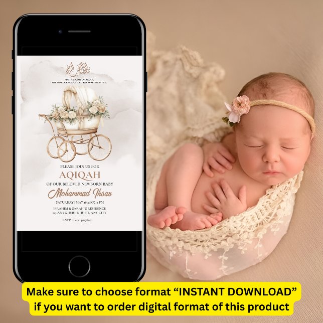 Invitación Boho Baby Carrie Aqiqah Unisex Musulmán Recién Nac (Subido por el creador)