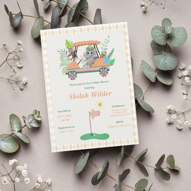 Invitación Boho Baby Elephant y Monkey Golf Baby Shower (Subido por el creador)