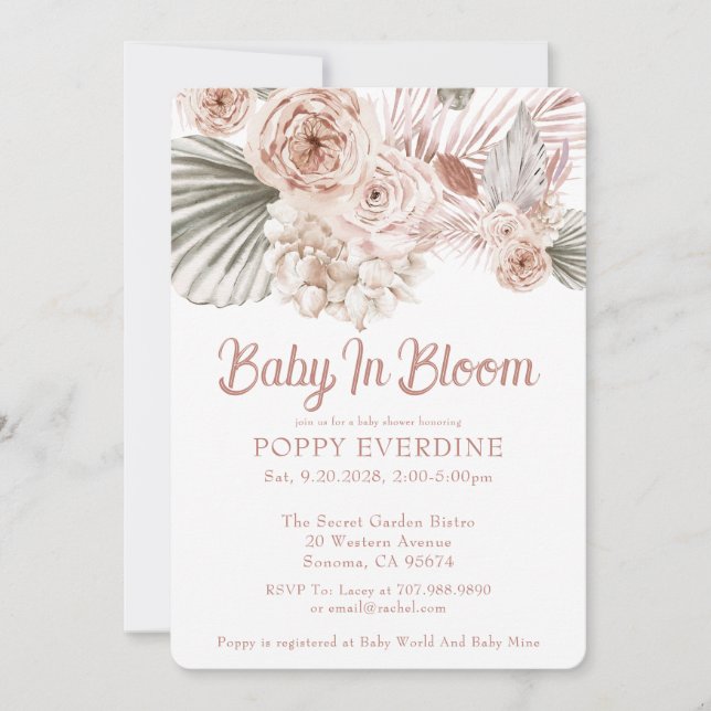 Invitación Boho Baby En Bloom Chica Rosa Baby Shower (Anverso)