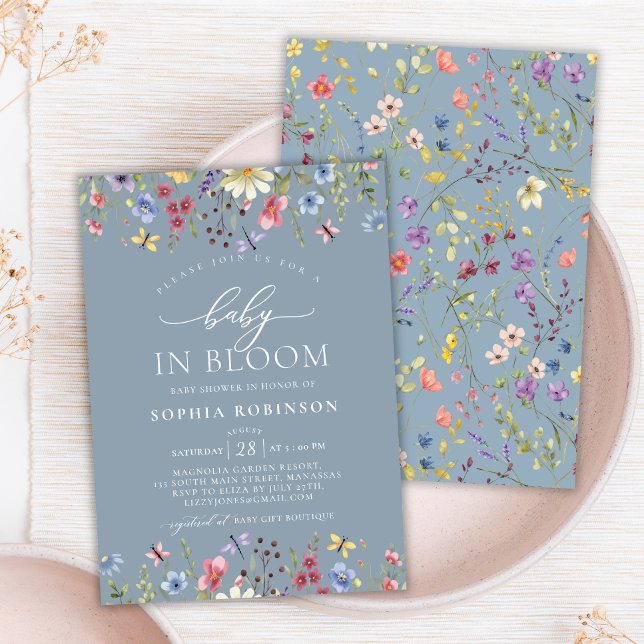 Invitación Boho Baby en Bloom Wildflower Blue Baby Shower (Subido por el creador)