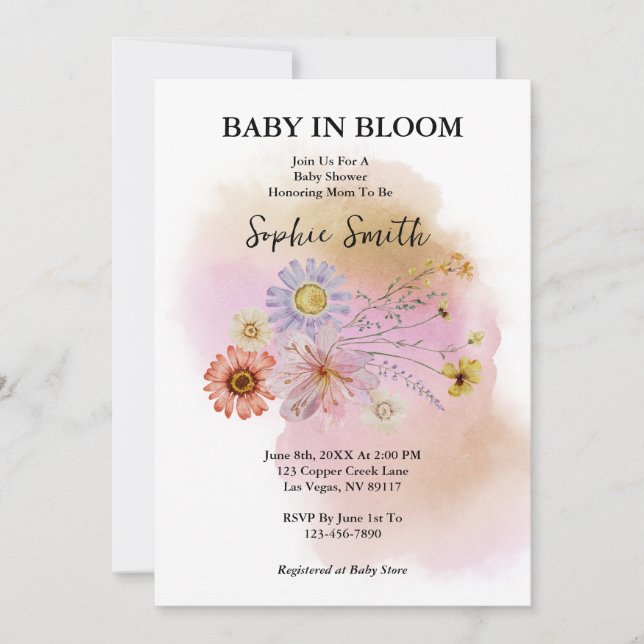 Invitación Boho Baby En flor Acuarela de flores silvestres (Anverso)