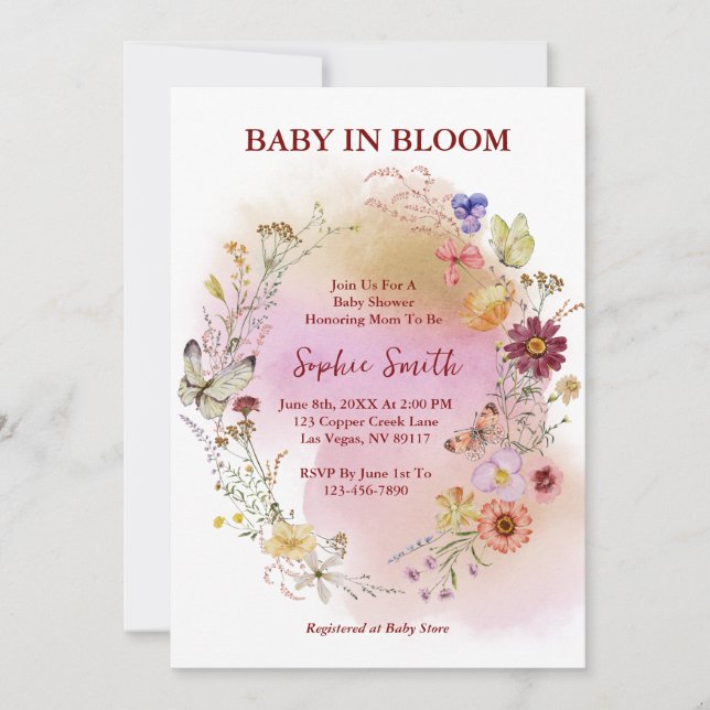 Invitación Boho Baby En flor Cuarzo acuarela de flores silves (Anverso)