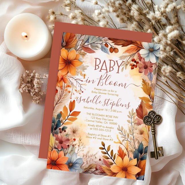 Invitación Boho Baby in Bloom Fall Floral Frame Baby Shower (Boho Baby in Bloom Fall Floral Frame Baby Shower Invitation - Dusky Rose - Print | Digital Download)