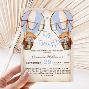 Invitación Boho Baby Shower Boho de los dobles osos con globo