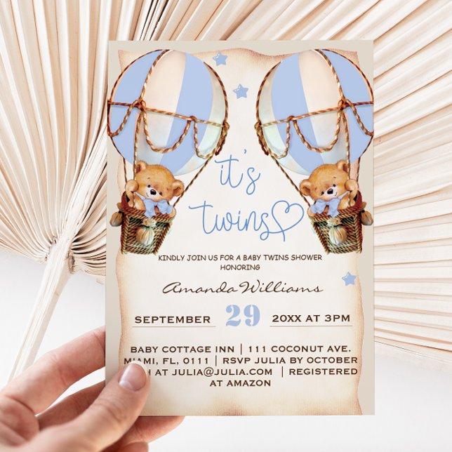 Invitación Boho Baby Shower Boho de los dobles osos con globo (Subido por el creador)
