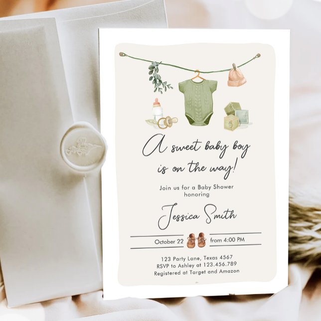 Invitación Boho Baby Shower Boy en camino Rústica ropa (Subido por el creador)