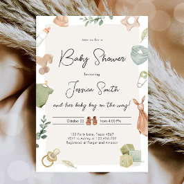 Invitación Boho Baby Shower Boy Neutral Clothes Rustic