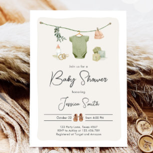 Invitación Boho Baby Shower Boy Neutral Clothes Rustic