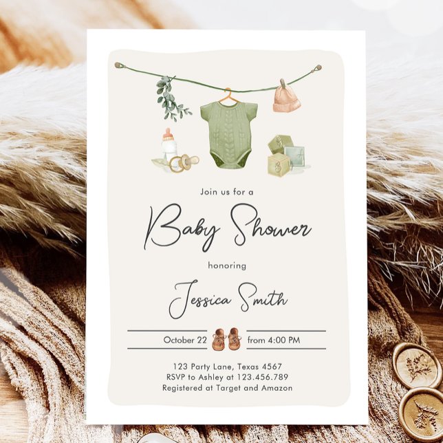 Invitación Boho Baby Shower Boy Neutral Clothes Rustic (Subido por el creador)