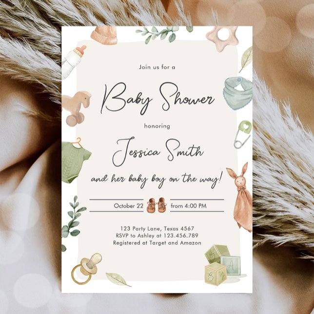Invitación Boho Baby Shower Boy Neutral Clothes Rustic (Subido por el creador)