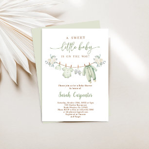 Invitación Boho Baby Shower Boy, ropa de bebé de Sage Green