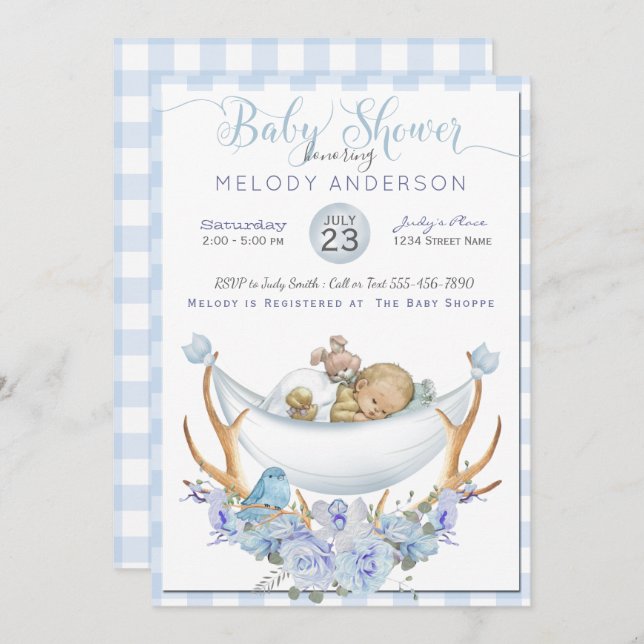 Invitación BOHO Baby Shower Boys Hammock Baby (Anverso / Reverso)