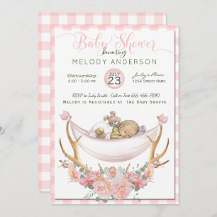 Invitación BOHO Baby Shower Coral Hammock Antlers Floral