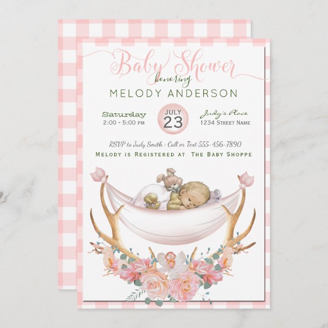 Invitación BOHO Baby Shower Coral Hammock Antlers Floral (Anverso / Reverso)