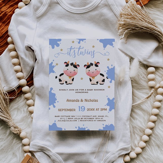 Invitación Boho Baby Shower de la vaca azul gemelo (Subido por el creador)