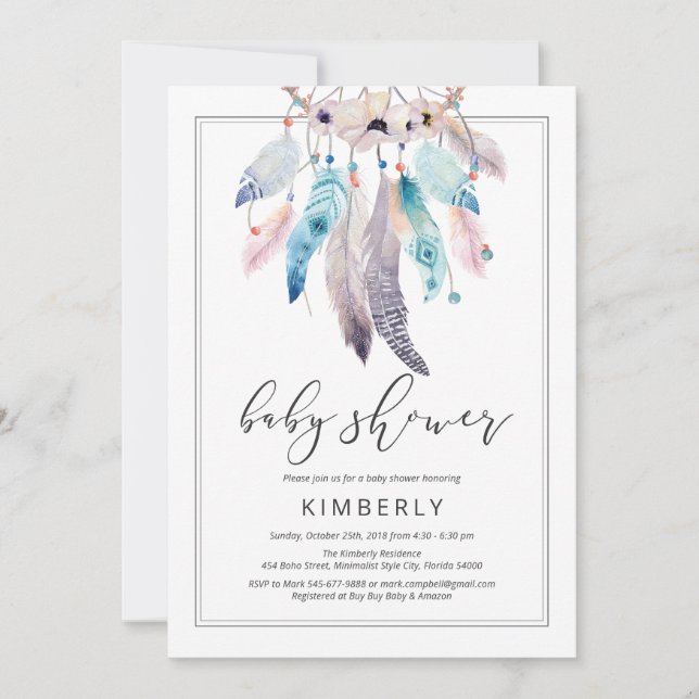 Invitación Boho Baby Shower Dreamcatcher Floral Tribal (Anverso)