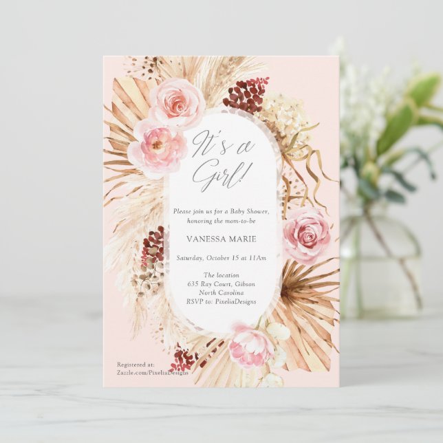 Invitación Boho Baby Shower es una pampa floral rosa Chica (Anverso de pie)
