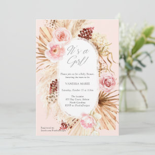 Invitación Boho Baby Shower es una pampa floral rosa Chica
