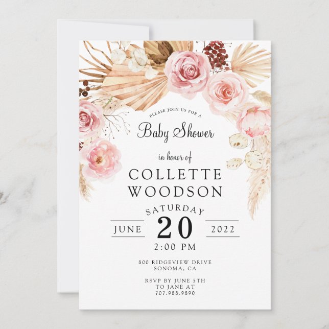 Invitación Boho Baby Shower Floral Rubor Crema rosa (Anverso)