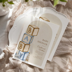 Invitación Boho Baby Shower, género neutral, bloques de letra