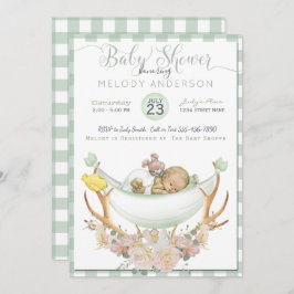 Invitación BOHO Baby Shower Green Hammock Antler con Rosas