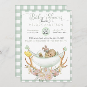 Invitación BOHO Baby Shower Green Hammock Antler con Rosas