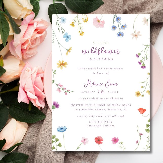 Invitación Boho Baby Shower, un pequeño Chica de flores silve (A Little Wildflower Girl Boho Baby Shower Invitation)