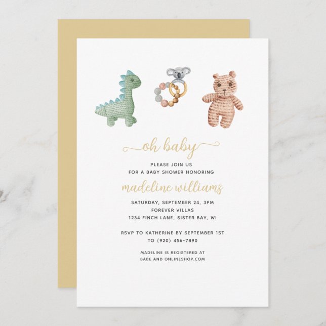 Invitación BOHO Baby Toys Neutral Oh Baby Shower (Anverso / Reverso)
