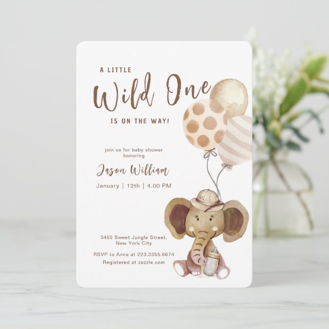 Invitación Boho Balloon Safari Elephant Boy Baby Shower  (Anverso de pie)