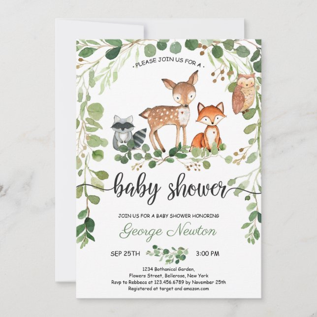 Invitación Boho baño de bebé de animales de bosque (Anverso)