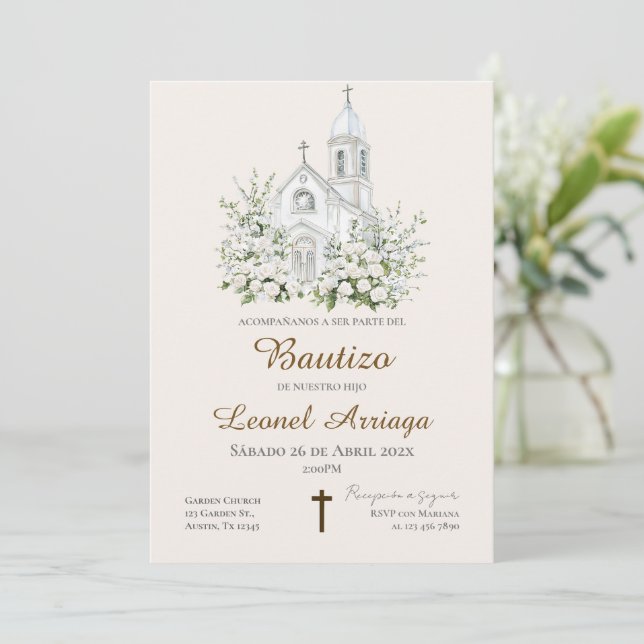 Invitación Boho Baptism in Spanish with church (Anverso de pie)