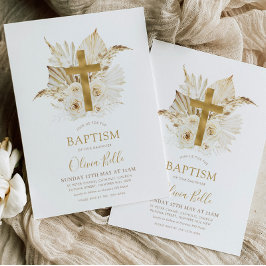 Invitación Boho Baptismo floral de palmas secas neutra