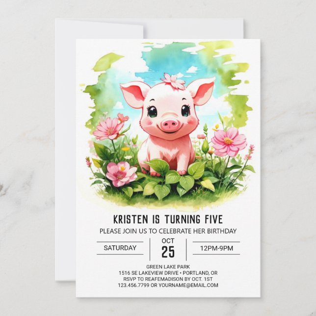 Invitación Boho Barnyard Adventures Piglet Chica Birthday (Anverso)