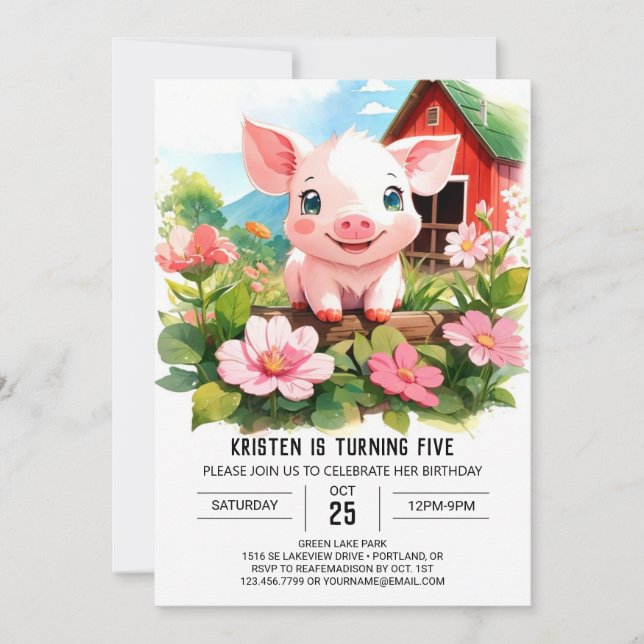 Invitación Boho Barnyard Friends Pig Chica Cumpleaños (Anverso)