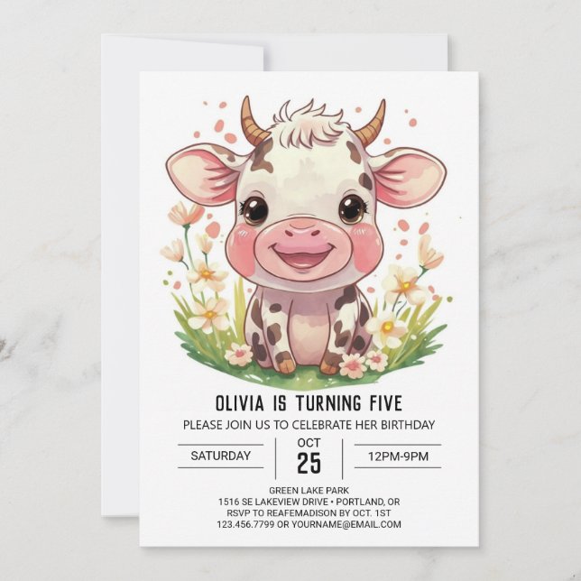Invitación Boho Barnyard Pink Cow Cumpleaños (Anverso)