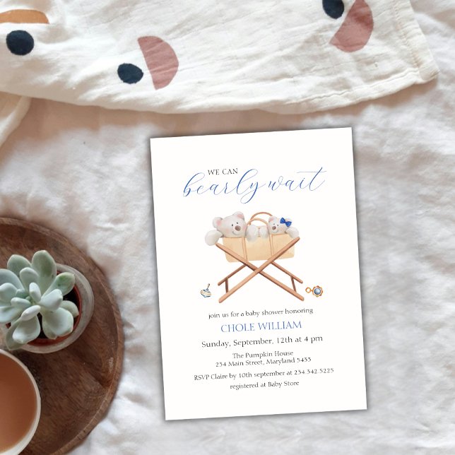 Invitación Boho Bassinet Toy Boy Baby Shower (Boho Bear Bassinet Toy Boy Baby Shower Invitation)