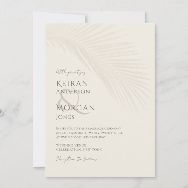 Invitación Boho Beach Wedding de Palm Leaf Tropical Mínimo (Anverso)