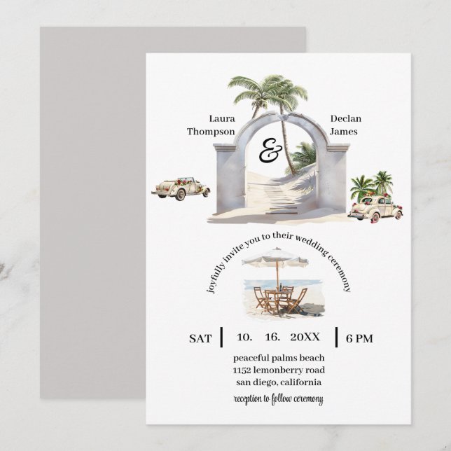 Invitación Boho Beach Wedding de palmeras costeras de época (Anverso / Reverso)