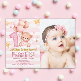 Invitación Boho Bear 1st Birthday Girl with Photo