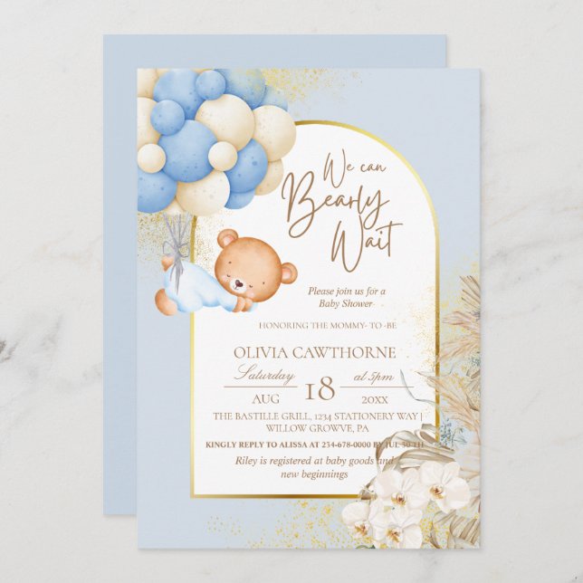 Invitación Boho Bear Baby Shower botánico moderno (Anverso / Reverso)