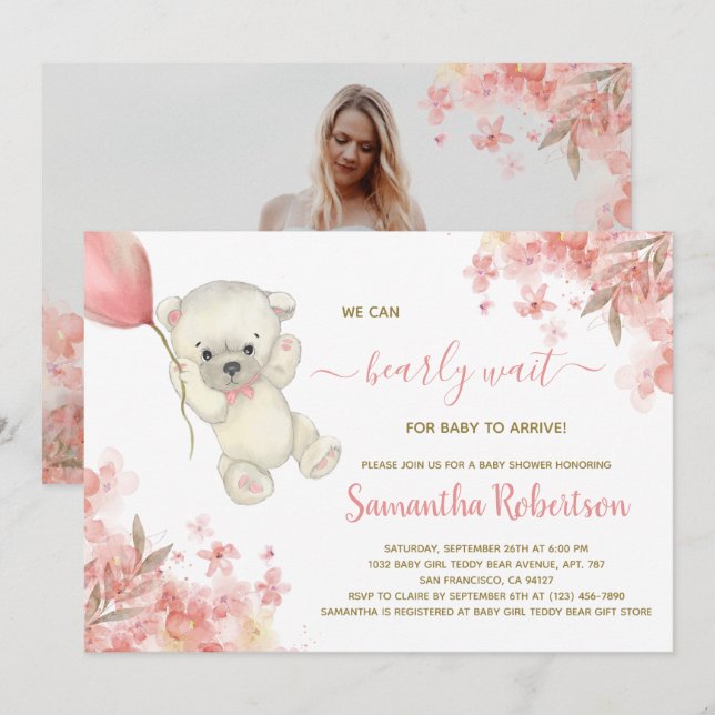 Invitación Boho Bear Floral Rosa Pampa Grass Chica Baby Showe (Anverso / Reverso)