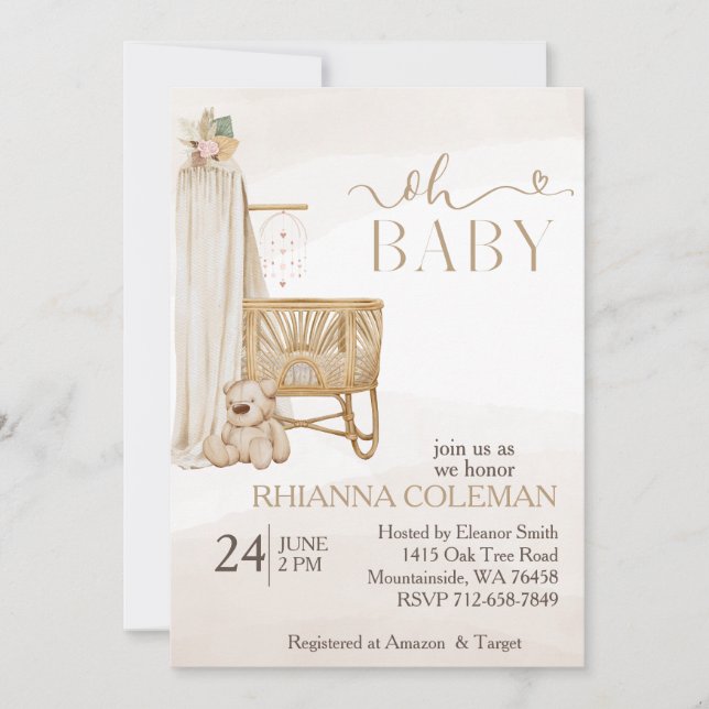 Invitación boho Bear pampas césped ducha de bebé florida (Anverso)