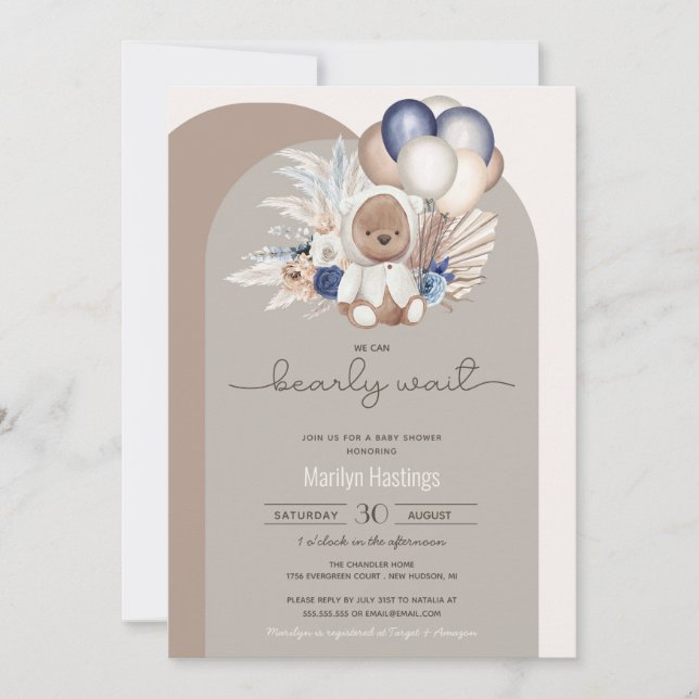 Invitación Boho Bear, Podemos Esperar Baby Shower  (Anverso)
