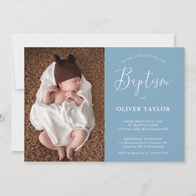 Invitación Boho Bebé moderno Dusty Blue Light Baptism (Anverso)