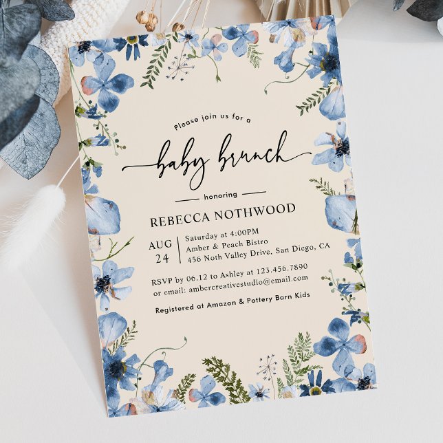 Invitación Boho Beige Azul Floral Bebé Niño Brunch Ducha (Subido por el creador)