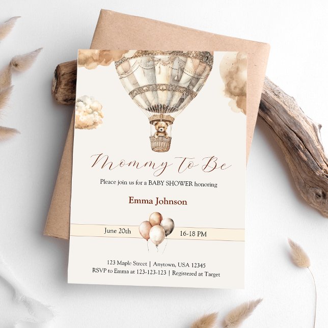 Invitación Boho Beige Bear Hot Air Balloon Clouds Baby Shower (Boho Beige Bear Hot Air Balloon Clouds Baby Shower Invitation)